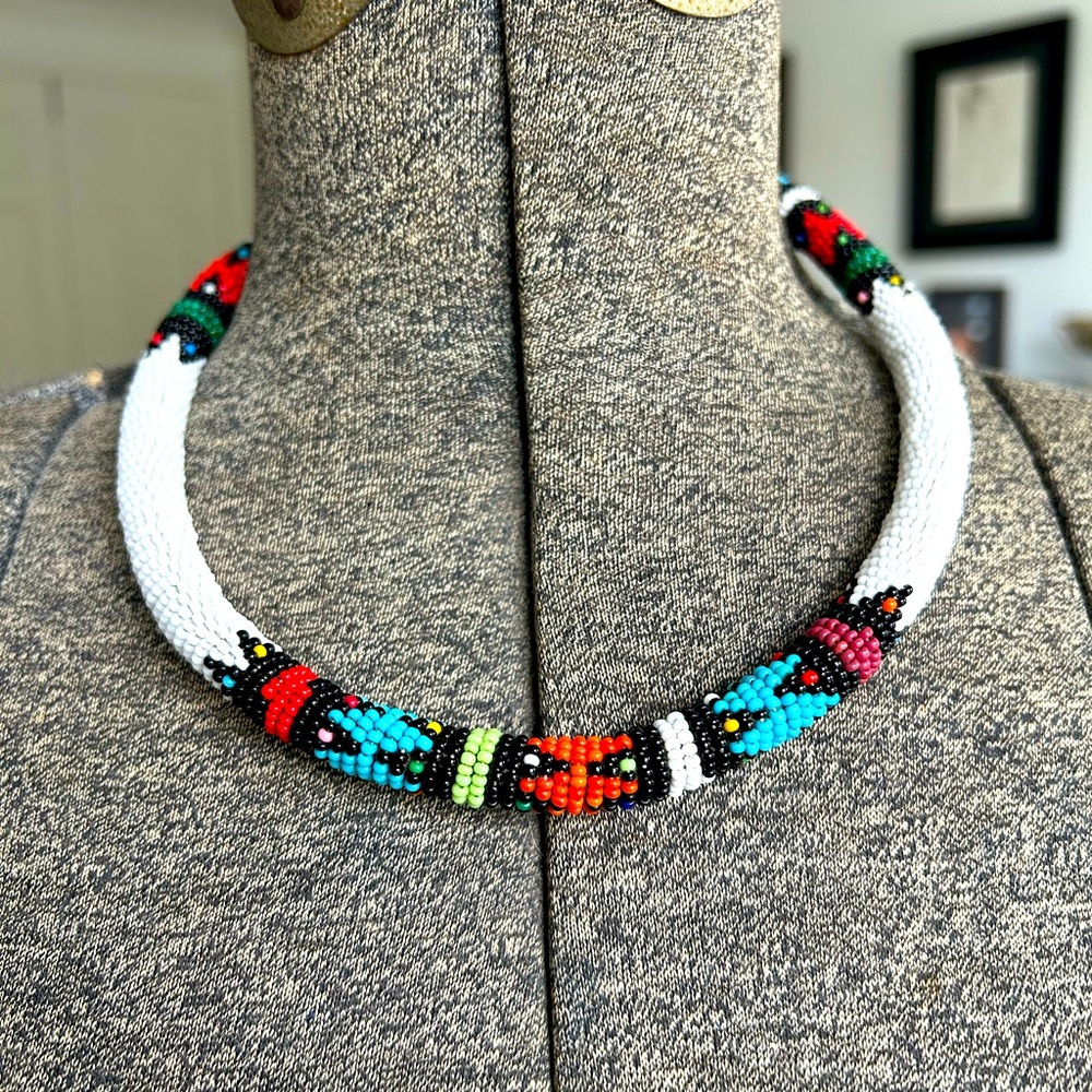 Vintage Seed Bead Rope Collar Necklace, Multi-Color Design
